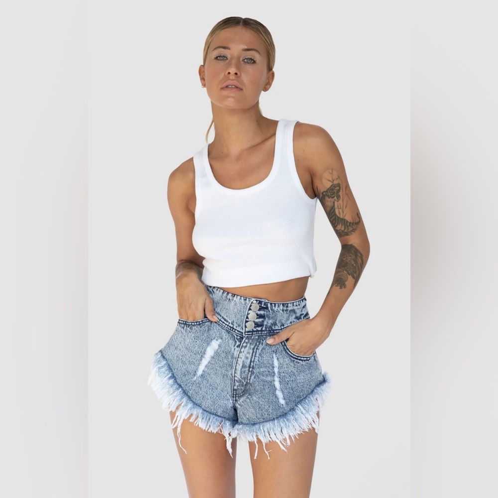 TACOOLA BELLA DONNA DARK WASH DENIM JEAN SHORTS Boho Festival Distressed Fringe